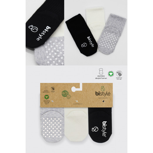 Bistyle Organic 3-Pairs Basic Non-slip Socks (0-3 m) (Black, Grey, Beige)