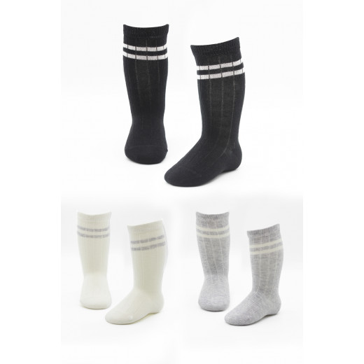 Bistyle 3-Pairs Knee Socks (24-36 m) Lines (Black, Grey, Beige)